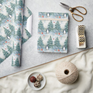 Watercolor Christmas trees penguins and presents Wrapping Paper