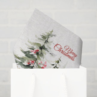 Watercolor Christmas Trees Red Berries Winter Name Tissue Paper