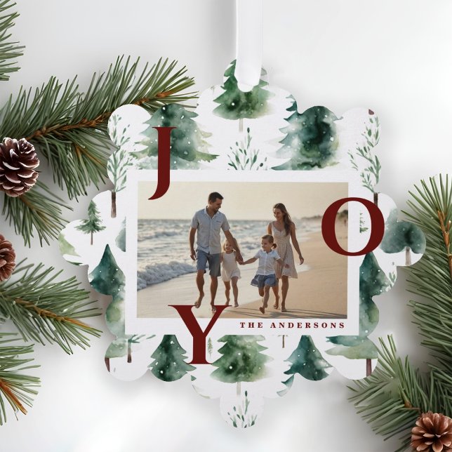 Watercolor Christmas Trees Red Joy Photo  Tree Decoration Card (Creator Uploaded)