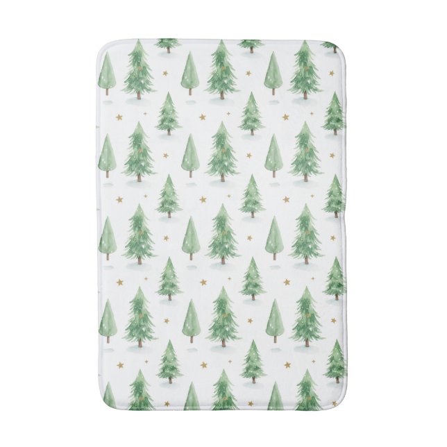 Watercolor Christmas Trees Seamless Pattern Bath Mat (Front Vertical)