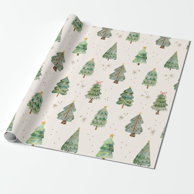 Watercolor Christmas Trees Snowflakes Holiday Wrapping Paper (Unrolled)