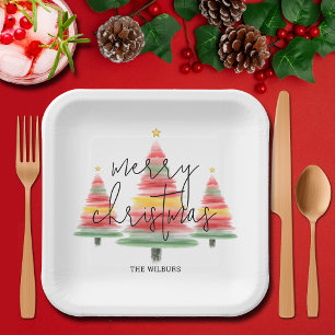 Watercolor Christmas Trees Square Paper Plate
