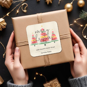 Watercolor Christmas Trees Square Sticker