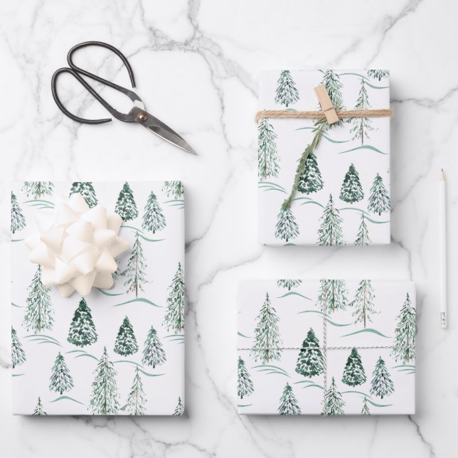 Watercolor Christmas trees. Winter forest. Wrapping Paper Sheet (Front)