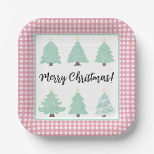 Watercolor Christmas Trees with Pink Plaid Square Paper Plate