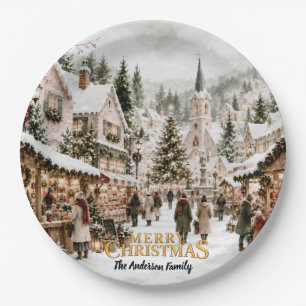 Watercolor Christmas Village Paper Plate