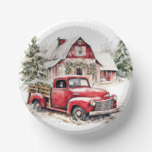 Watercolor Christmas Vintage Truck and Barn Paper Plate
