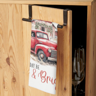 Watercolor Christmas Vintage Truck and Barn  Tea Towel