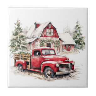 Watercolor Christmas Vintage Truck and Barn  Tile