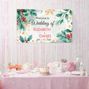 Watercolor Christmas Wedding Banner with Holly 