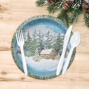 Watercolor Christmas Winter Snowy Cabin Paper Plate
