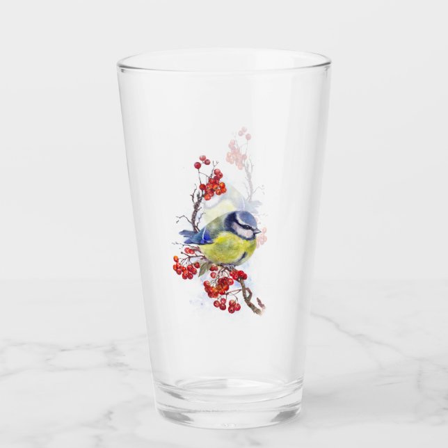 Watercolor Christmas winter titmouse bird rowanber Glass (Front)