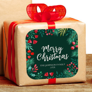 Watercolor Christmas Winter Wreath with Holly Square Sticker