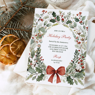 Watercolor Christmas Wreath and Bow Holiday Party Invitation