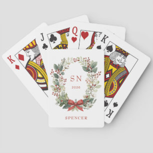 Watercolor Christmas Wreath and Bow Monogram Playing Cards