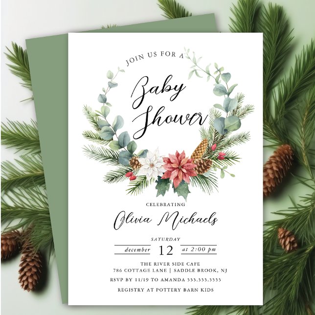 Watercolor Christmas Wreath Baby Shower Invitation (Creator Uploaded)