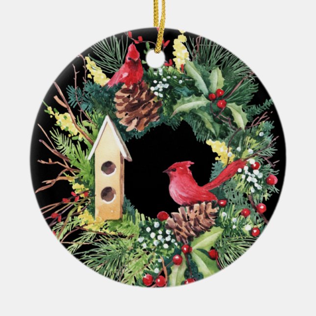 Watercolor Christmas Wreath Ceramic Ornament (Front)