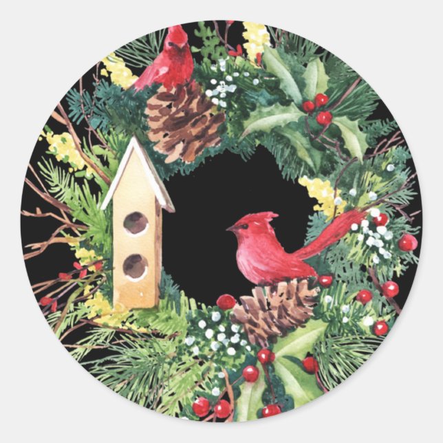 Watercolor Christmas Wreath Classic Round Sticker (Front)