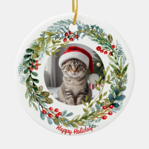 Watercolor Christmas Wreath Cute Kitty Ceramic Tree Decoration