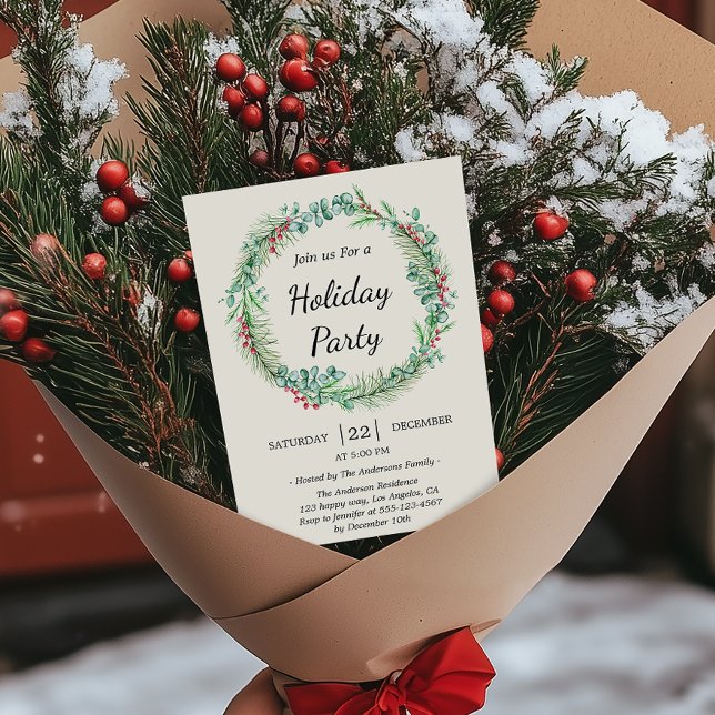 Watercolor Christmas Wreath -Elegant Holiday Party Invitation (Creator Uploaded)
