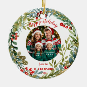Watercolor Christmas Wreath Family Photo Ceramic Tree Decoration
