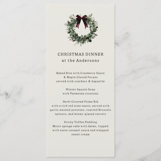 Watercolor Christmas Wreath Festive Dinner Menu (Front)