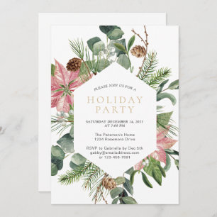 Watercolor Christmas Wreath Gold Holiday Party  Invitation