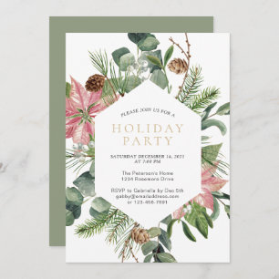 Watercolor Christmas Wreath Gold Holiday Party  Invitation