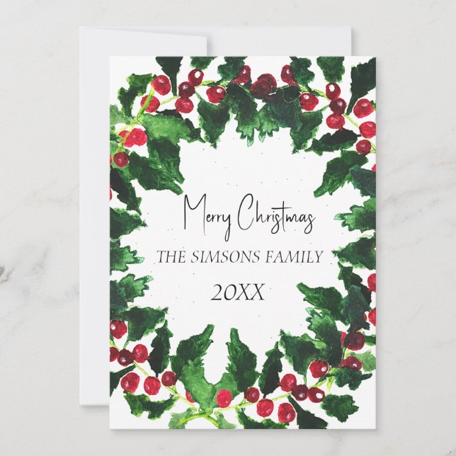 Watercolor Christmas Wreath Merry and Bright Holiday Card (Front)