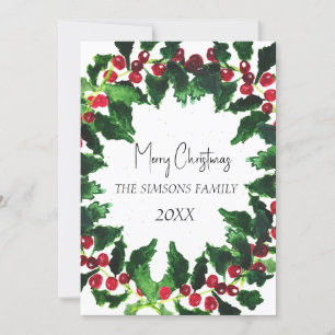 Watercolor Christmas Wreath Merry and Bright Holiday Card