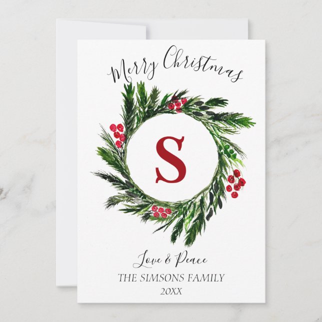 Watercolor Christmas Wreath Merry and bright Holiday Card (Front)