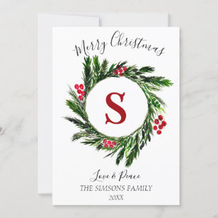 Watercolor Christmas Wreath Merry and bright Holiday Card