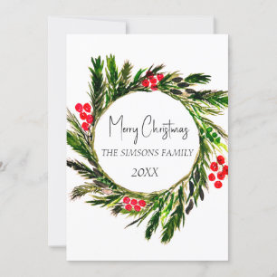 Watercolor Christmas Wreath Merry and Bright Holiday Card