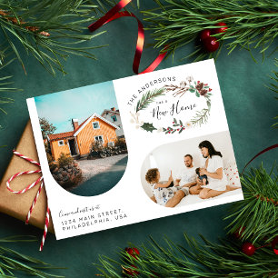 Watercolor Christmas Wreath New Home Family Photo Announcement Postcard