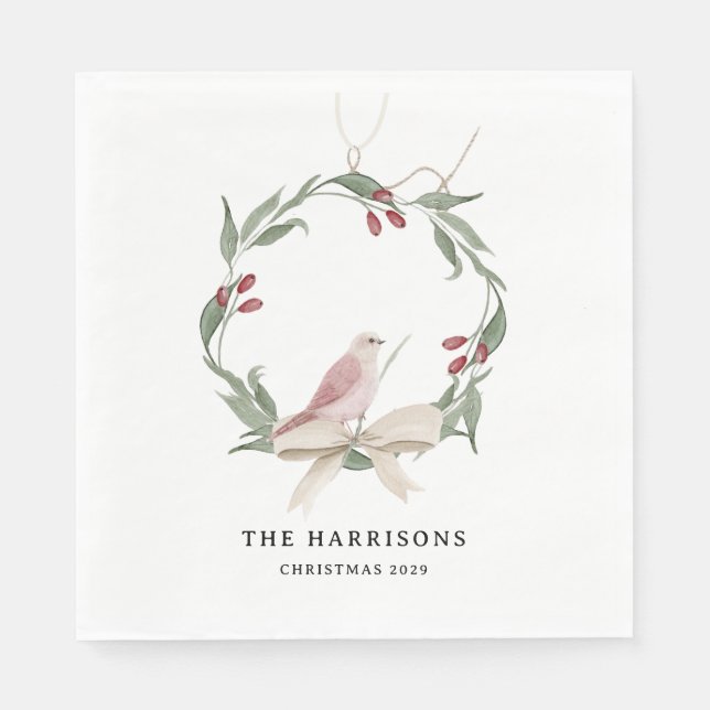 Watercolor Christmas Wreath Personalized White Napkin (Front)