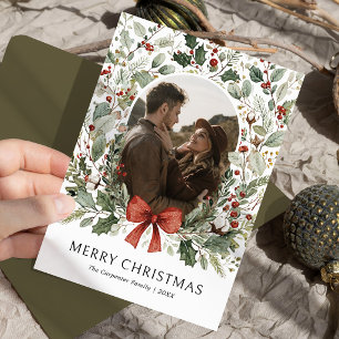 Watercolor Christmas Wreath Photo Holiday Card