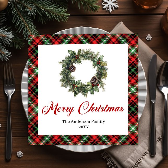 Watercolor Christmas Wreath Red Green Plaid Set Napkin (Watercolor Christmas Wreath Red Green Plaid Set Paper Dinner Napkins)