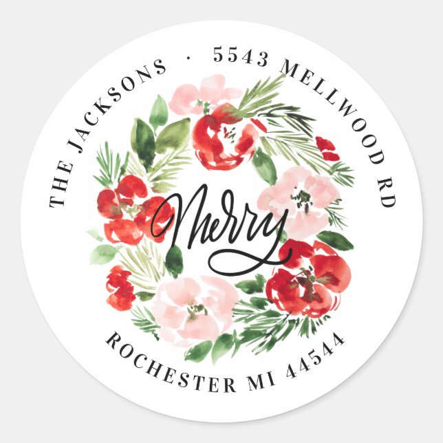 Watercolor Christmas wreath Return Address Classic Round Sticker (Front)