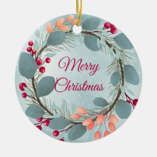 Watercolor Christmas wreath rustic modern Ceramic Tree Decoration