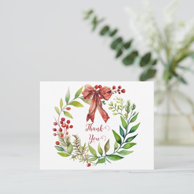 Watercolor Christmas Wreath Thank You Holiday Card (Standing Front)
