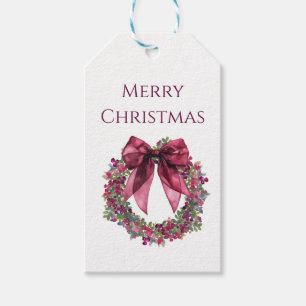 Watercolor Christmas Wreath w/ Berries and Bow Gift Tags