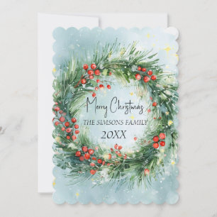Watercolor Christmas Wreath Winter Greenery Holiday Card