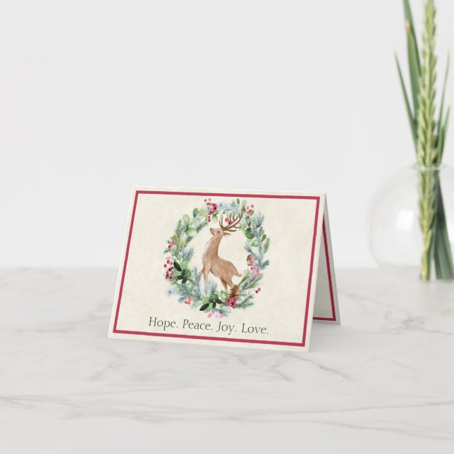 Watercolor Christmas wreath with deer custom Holiday Card (Front)