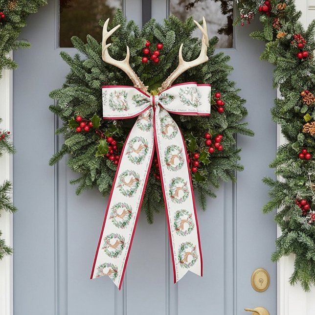 Watercolor Christmas wreath with deer custom Satin Ribbon (Creator Uploaded)
