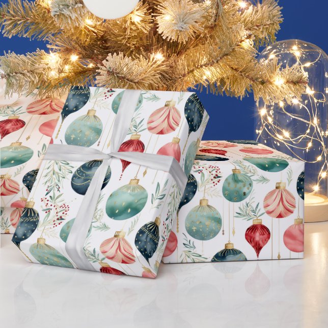 Watercolor Christmas Xmas Tree Ornaments Pattern  Wrapping Paper (Holidays)