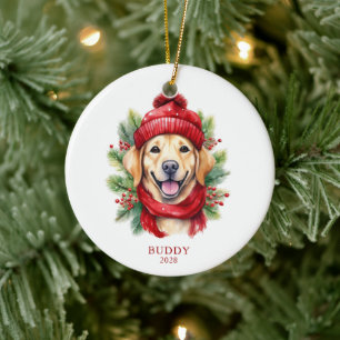 Watercolor Christmas Yellow Labrador Dog Photo Ceramic Tree Decoration