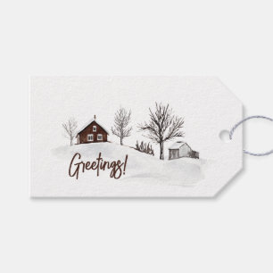 Watercolor ChristmasHouse Winter Scene Greetings Gift Tags