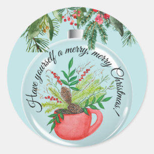 Watercolor Christnas Greenery in a Red Cu[ Classic Round Sticker