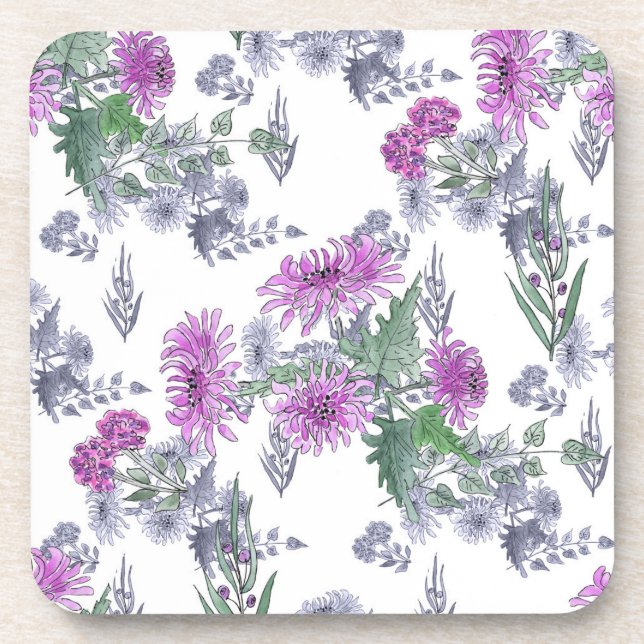 Watercolor chrysanthemum pink small flowers green coaster (Front)