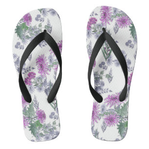 Watercolor chrysanthemum pink small flowers green jandals